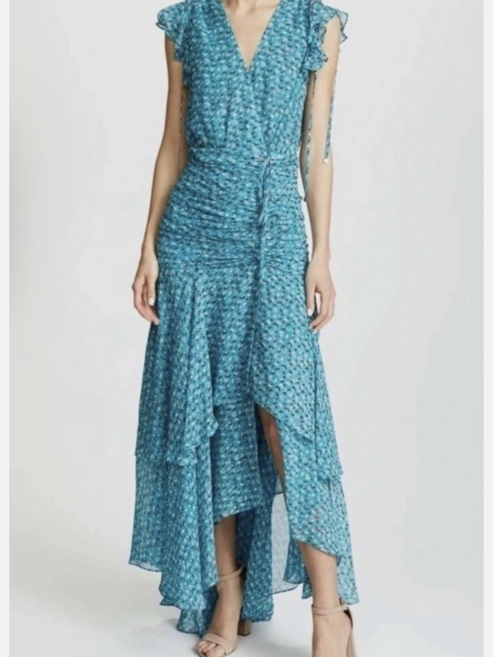 Veronica Beard Teal Blue Floral V-Neck High-Low Dress